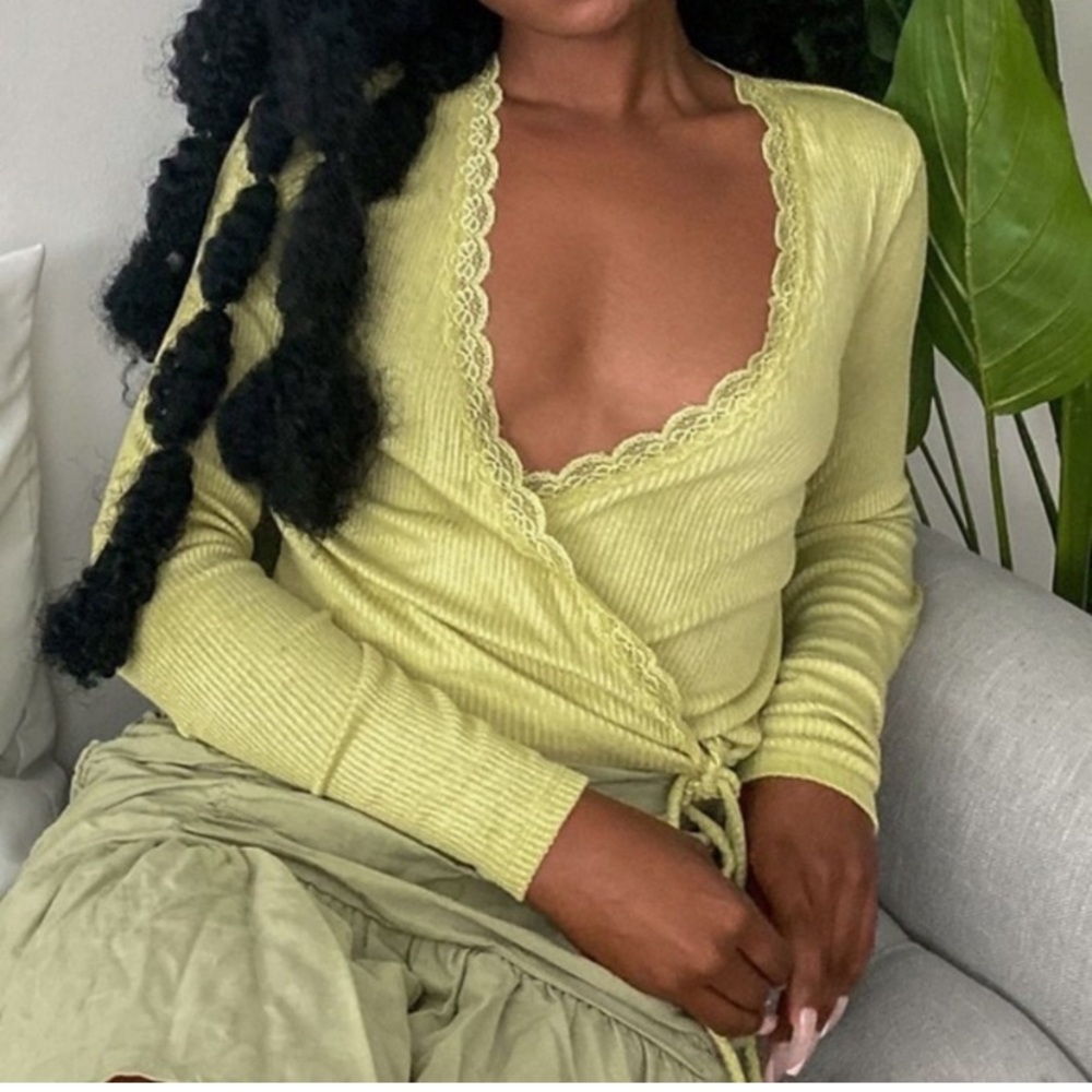 Urban Outfitters Lime Green Lace Ribbed Wrap Top